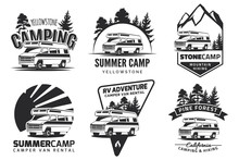 Set Of Monochrome Camper Van Car Logo, Emblems And Badges.