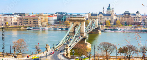 Landmark of Budapest, Szechenyi Chain Bridge, river Danube, houses panorama Canvas Print