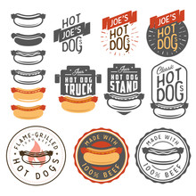 Set Of Vintage Hot Dog Labels, Badges, Emblems And Design Elements