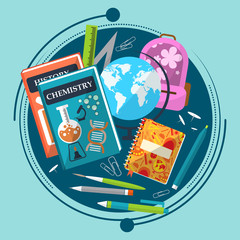 Composition on the theme of school with books, briefcase, globe and stationery. Vector