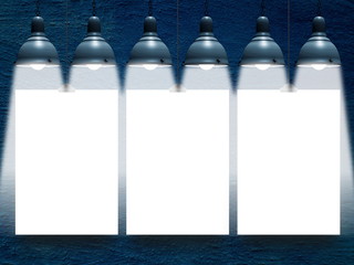 Wall Mural - Close-up of three blank frames hanged by clips with lamps against rough blue concrete wall background