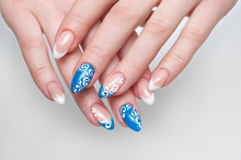 French Manicure On Long Sharp Nails And Blue With White Lace