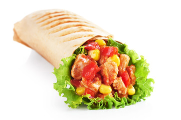 Wall Mural - Burrito with grilled chicken and vegetables isolated on white ba