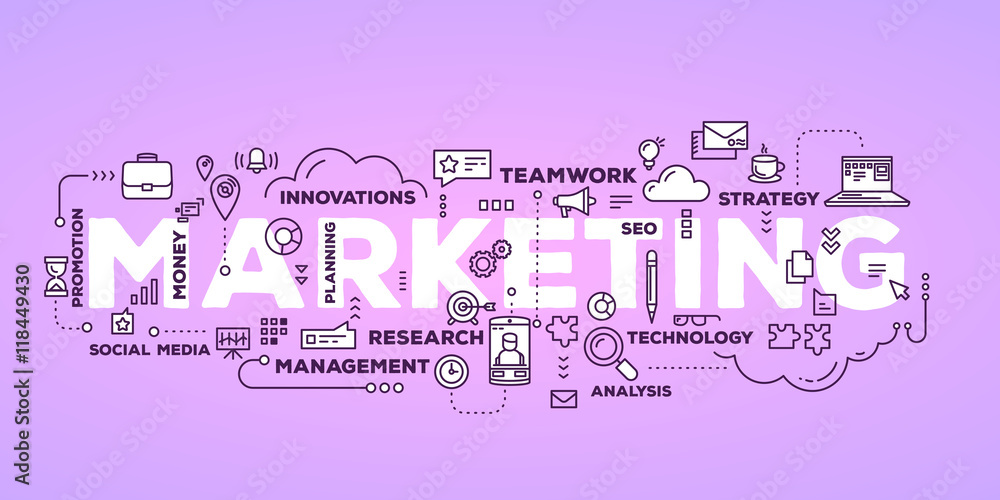 Vector creative illustration of marketing word lettering typogra