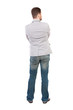© ghoststone - back view of Business man  looks.  Rear view people collection.  backside view of person.  Isolated over white background. A guy in a gray jacket thoughtfully looking sideways.