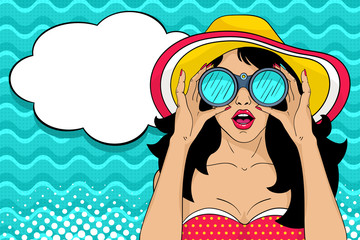 Wow pop art female face. Sexy surprised girl in hat with open mouth holding binoculars in her hands and speech bubble. Vector colorful summer background in pop art retro comic style.