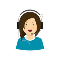 Wall Mural - Support assistant vector illustration isolated on white, customer help desk agent woman speaking in microphone headphones, happy call center agent smiling and working, flat cartoon operator in headset