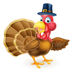 Sticker - Cartoon Thanksgivng Pilgrim Hat Turkey Bird Pointing