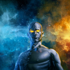 Wall Mural - elemental galactic hero / 3d illustration of half stone half metal male figure with space background