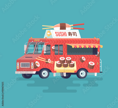 Vector Colorful Flat Sushi Truck Japanese Traditional