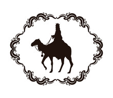 Wise Man Camel Holy Family Merry Christmas Frame Icon. Black White Isolated Design. Vector Illustration