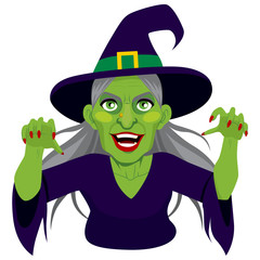 Old evil scary green skin witch with menacing expression showing claws isolated on white background