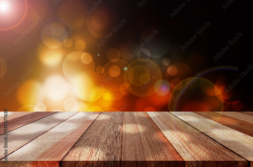 Wood table top on shiny bokeh gold background, 3d illustration