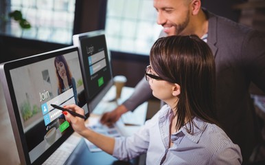 Wall Mural - Composite image of log-in screen with redheaded woman