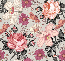 Seamless Pattern. Beautiful Pink Blooming Realistic Isolated Flowers. Vintage Background. Chamomile Rose Hibiscus Mallow Wildflowers. Wallpaper. Drawing Engraving. Vector Victorian Illustration.