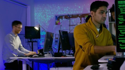 Wall Mural -  Time lapse of young computer experts working in office with lots of computers