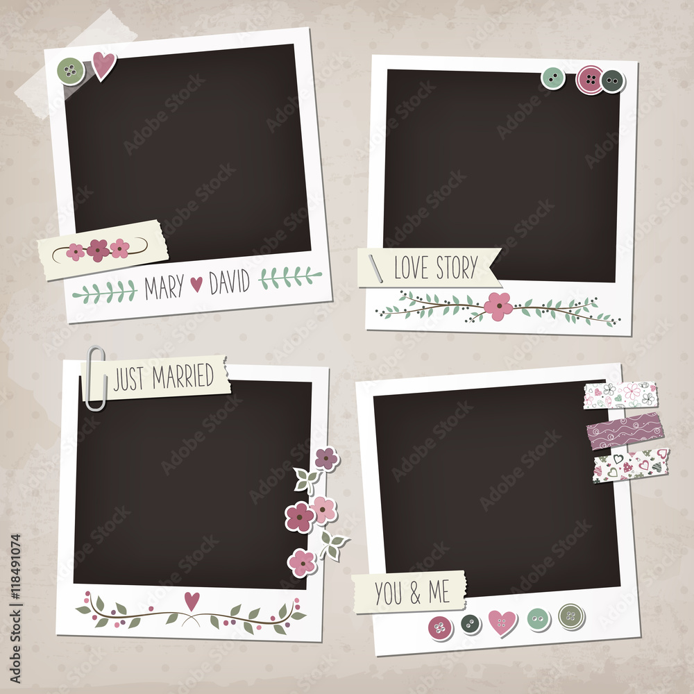 Vintage scrapbook set of photo frames with flowers, laurels, wreaths, stickers, washi tapes, buttons. Wedding scrapbook elements. - obrazy, fototapety, plakaty 