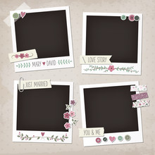 Vintage Scrapbook Set Of Photo Frames With Flowers, Laurels, Wreaths, Stickers, Washi Tapes, Buttons. Wedding Scrapbook Elements.