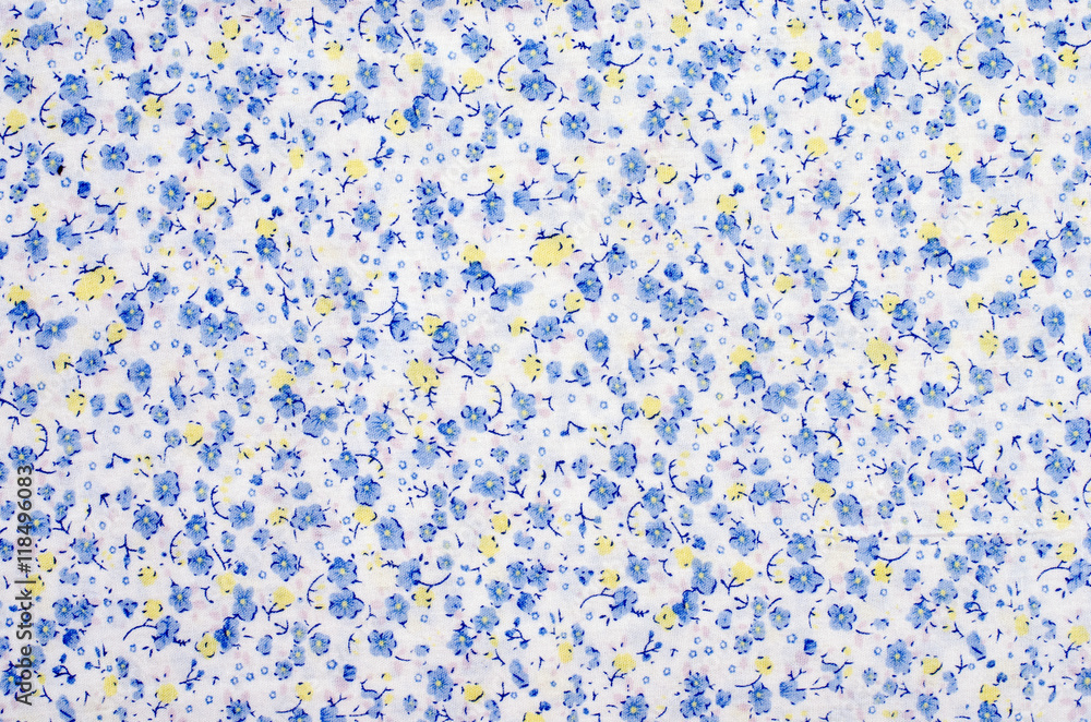 Floral pattern on fabric. Blue and yellow flowers print on white ...