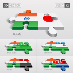 India and Japan, Saudi Arabia, Uzbekistan, Yemen, North Korea Flag. 3d vector puzzle. Set 12.