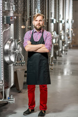 Wall Mural - Portrait of a handsome wine maker in working apron at the manufacture with metal tanks for wine fermentation. Wine production at the modern factory