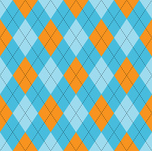 Seamless Argyle Pattern In Pale Blue, Soft Cyan & Orange With Black Stitch.