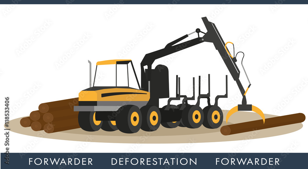 Forwarder to collect logs. Equipment for cutting wood industry - obrazy, fototapety, plakaty 