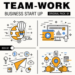 Modern team work pack. Thin line icons business works. Group people organization meeting future business industry elements. High quality vector symbol. Stroke pictogram for web design.