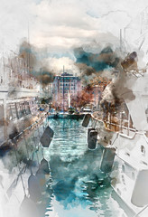 Poster - Luxury yachts in Port Le Vieux, France. Digital watercolor painting