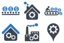 Industrial Production Vector Icons. Icon Style Is Bicolor Smooth Blue Flat Symbols With Rounded Angles On A White Background.