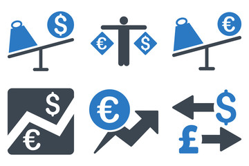 Wall Mural - Currency Trading vector icons. Icon style is bicolor smooth blue flat symbols with rounded angles on a white background.