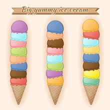 Ice Cream Scoops In A Waffle Cones. Different Flavors Of Desserts. Three Big Ice Cream With Fruit And Vanilla Chocolate Flavor. Colorful Card Design Vector Illustration.