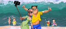 Cartoon Selfie Tourists Do On The Background Of The Tsunami