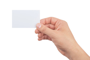 hand of man holding paper card isolated on white background