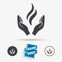 Energy hands sign icon. Power from hands symbol.