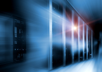 Poster - server room in dark, with blue colored lights motion