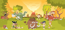 Group Of Cartoon Cavemen On Forest With Volcano And Funny Cartoon Dinosaurs. Stone Age Children.
