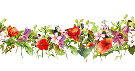 Wall Mural - Summer meadow flowers and butterflies. Repeating frame. Watercolor