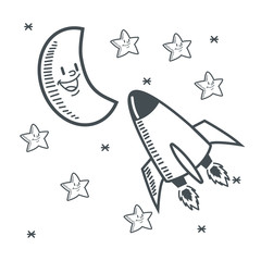 stars moon rocket space sketch icon. Black white isolated design. Vector illustration