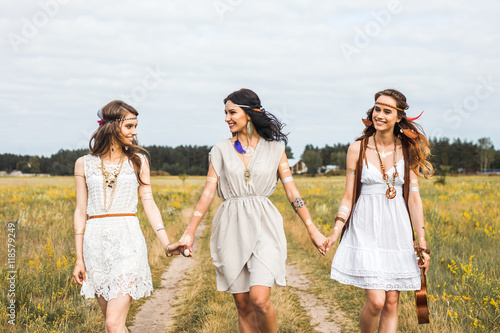 Summer Holidays Travel And People Concept Three Beautiful