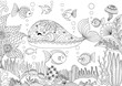 Doodles design of a little whale under the sea with beautiful corals for adult coloring book - Stock vector