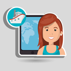 Sticker - woman travel map world vector illustration eps 10