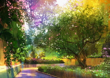 Pathway In A Peaceful Green Park,illustration,landscape Painting