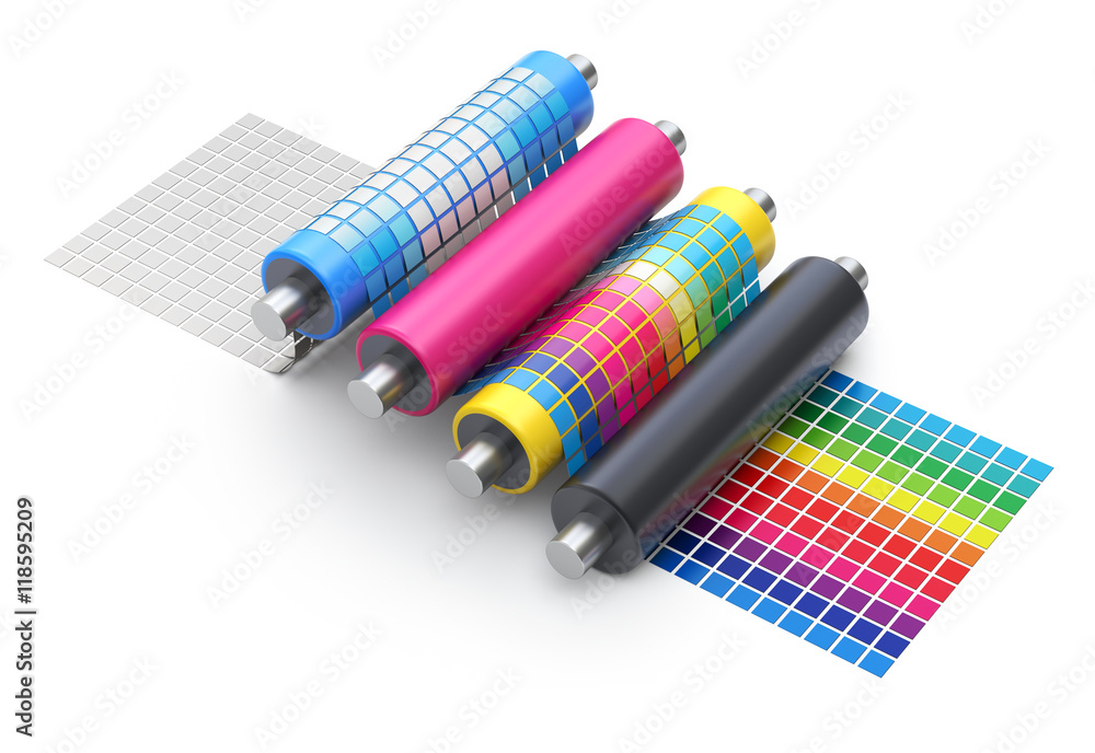 CMYK printing explanation concept with set of printer rollers and color ...