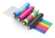 CMYK printing explanation concept with set of printer rollers and color chart
