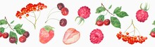 Panoramic View Of Garden Red Berries: Cherry, Strawberry, Raspberry, Rowan On White Background, Wide Seamless Pattern, Watercolor Painting, Realistic Illustration, Vintage Style