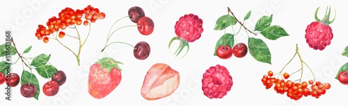 panoramic-view-of-garden-red-berries-cherry-strawberry-raspberry-rowan-on-white-background-wide-seamless-pattern-watercolor-painting-realistic-illustration-vintage-style