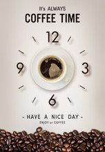 Happy Time. Coffee Cup And Coffee Bean On Vintage Paper Background. Over Light