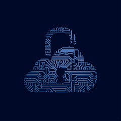 Data security icon. Circuit board cloud made as a padlock.