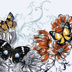 Poster - Vector illustration with vintage butterflies and magnolia flower